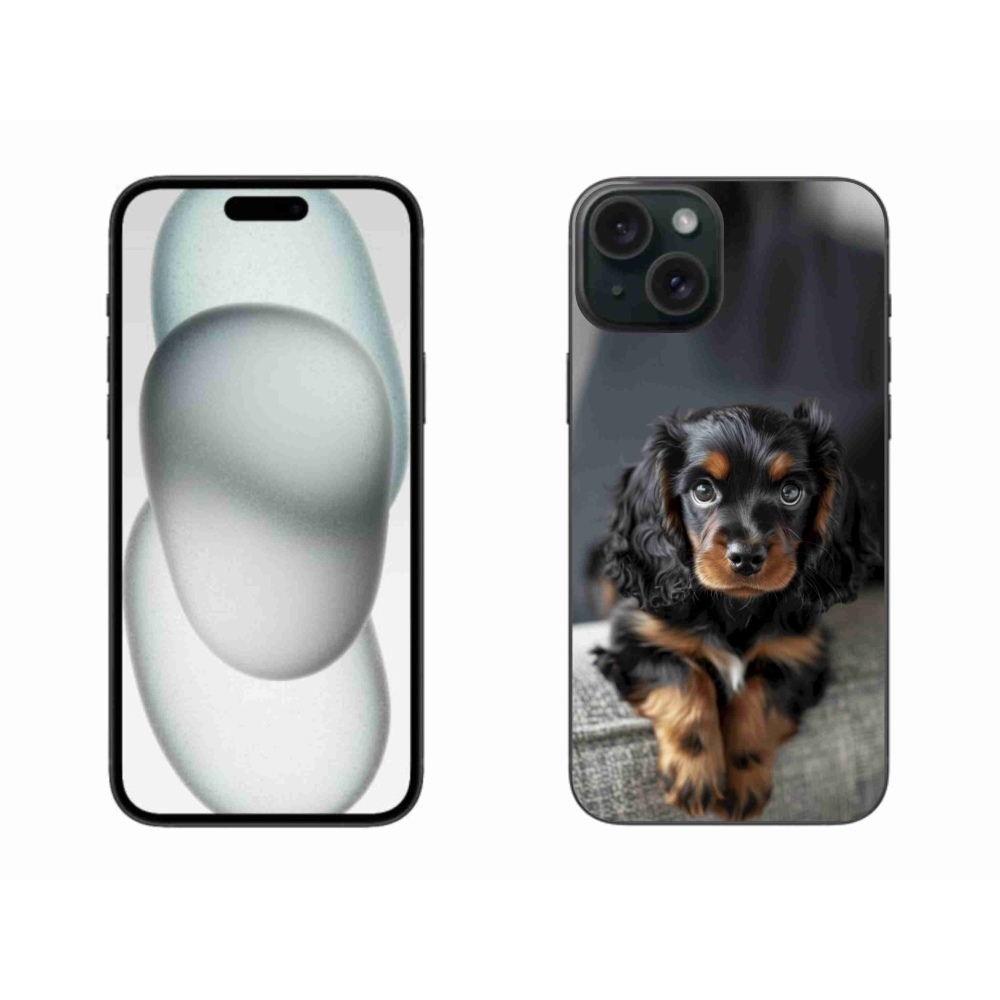 Gélový kryt mmCase na iPhone 15 Plus - roztomilý dlhosrstý jazvečík