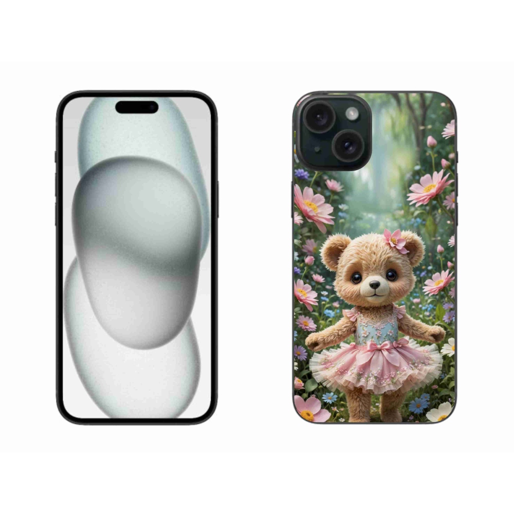 Gélový kryt mmCase na iPhone 15 Plus - roztomilý medvedík v kvetoch