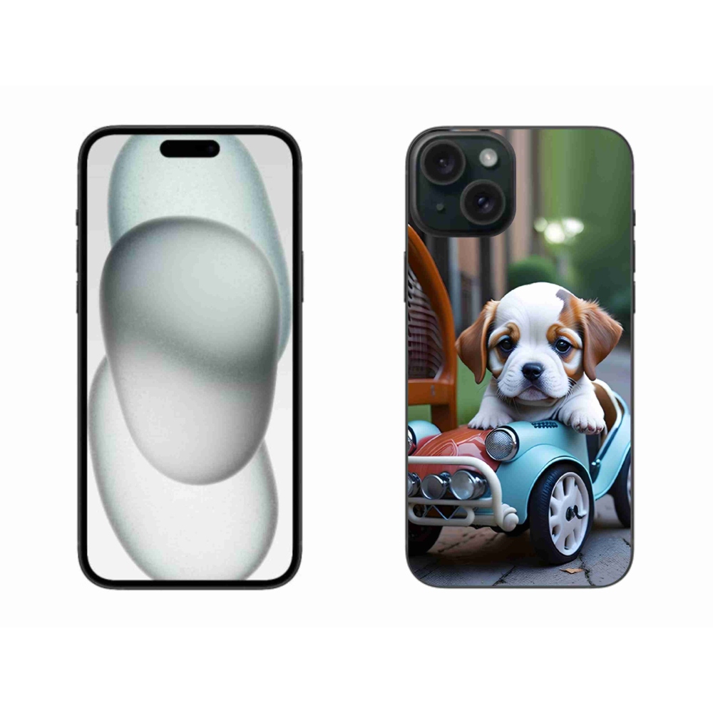 Gélový kryt mmCase na iPhone 15 Plus - šteňa v retro aute