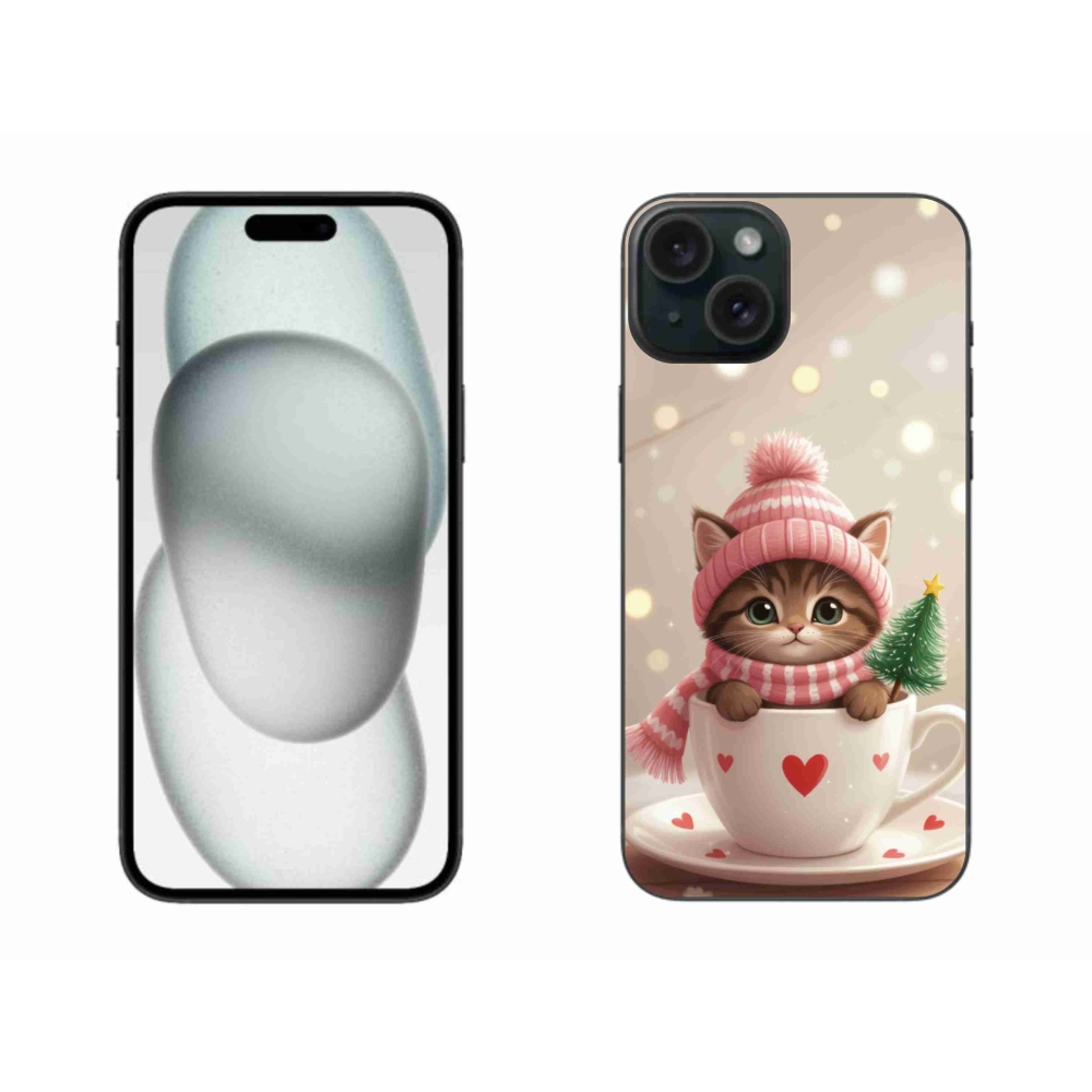 Gélový kryt mmCase na iPhone 15 Plus - vianočné mačiatko v hrnčeku