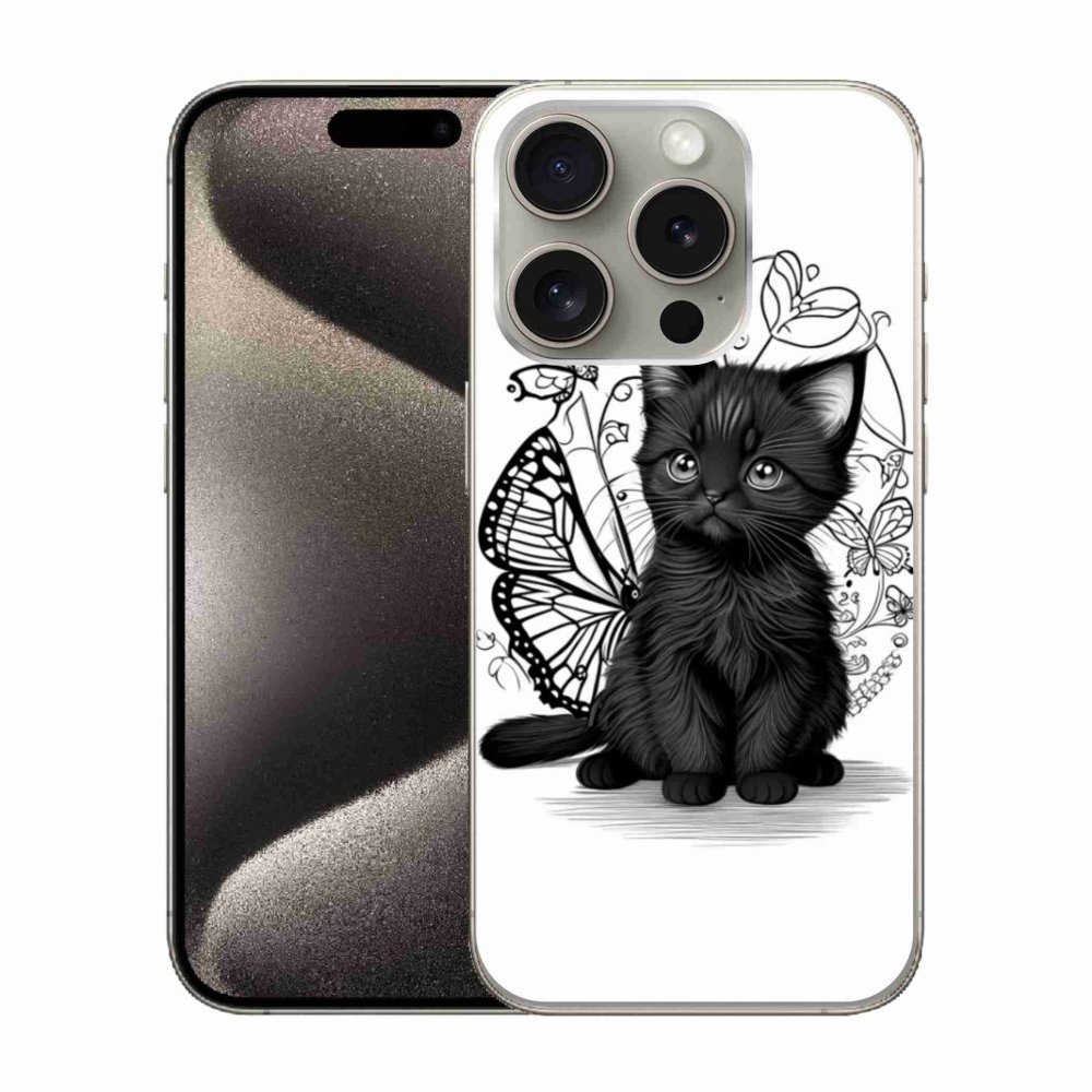 Gélový kryt mmCase na iPhone 15 Pro - čierne mačiatko