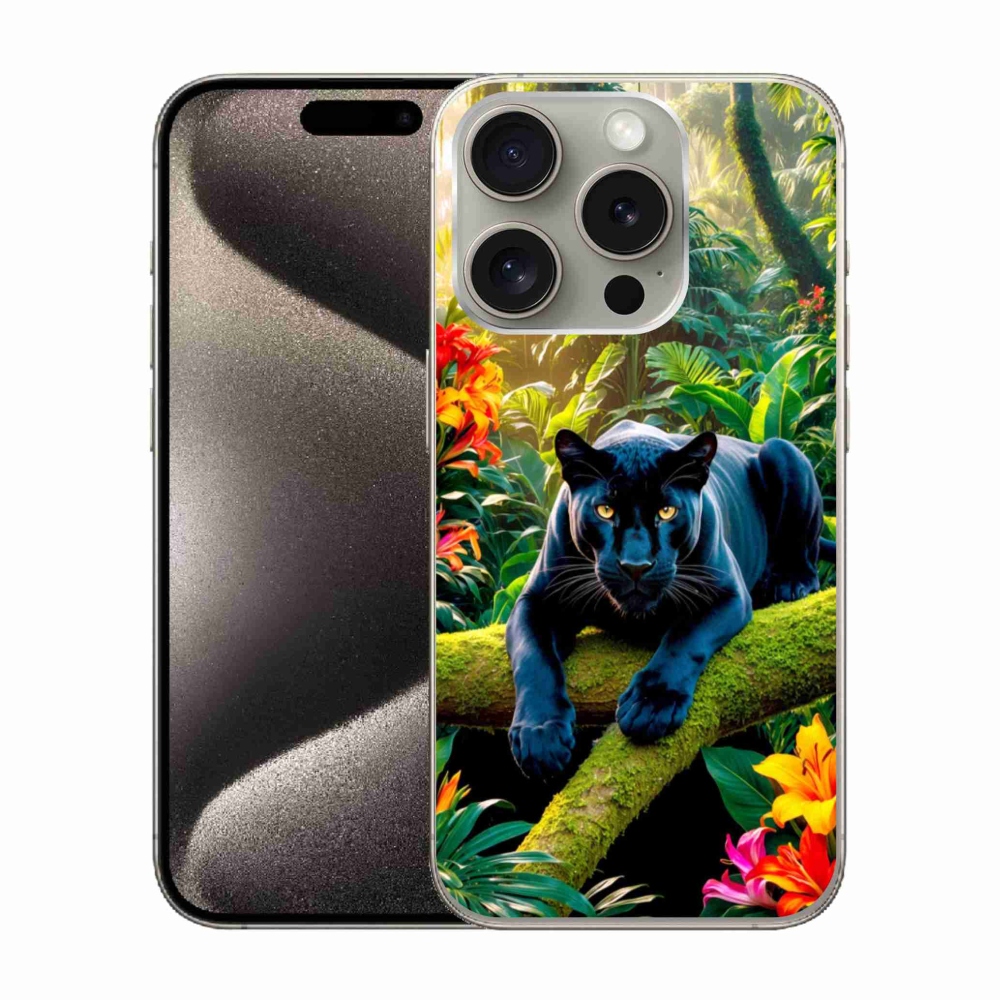 Gélový kryt mmCase na iPhone 15 Pro - čierny panter v džungli