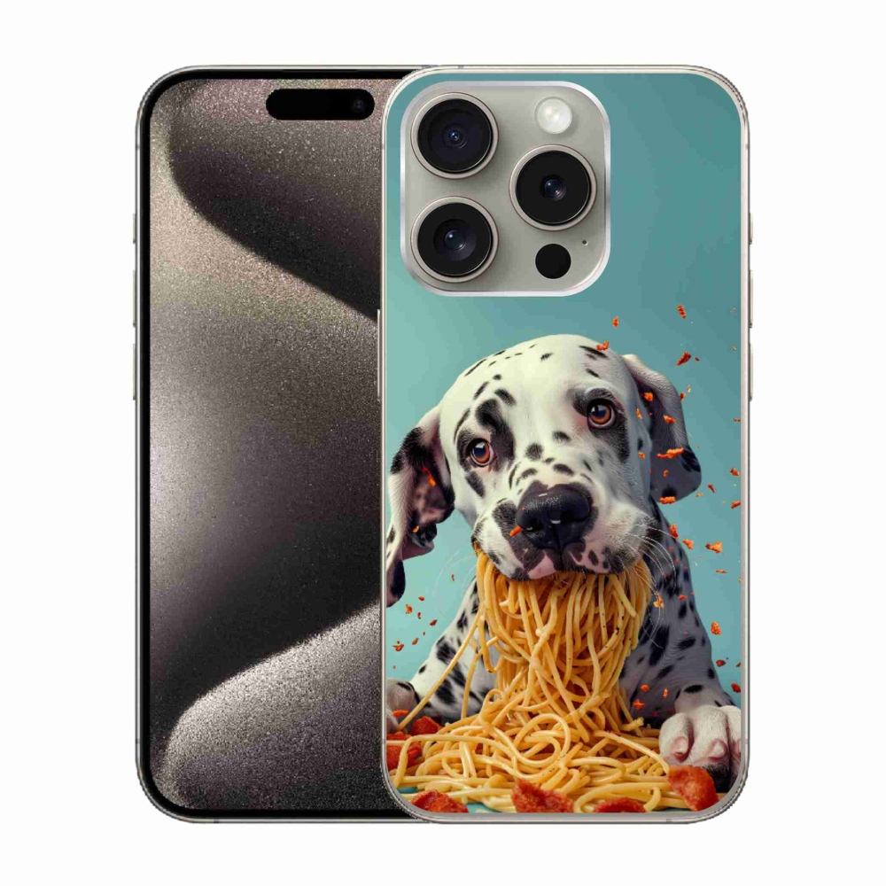 Gélový kryt mmCase na iPhone 15 Pro - dalmatín a špagety