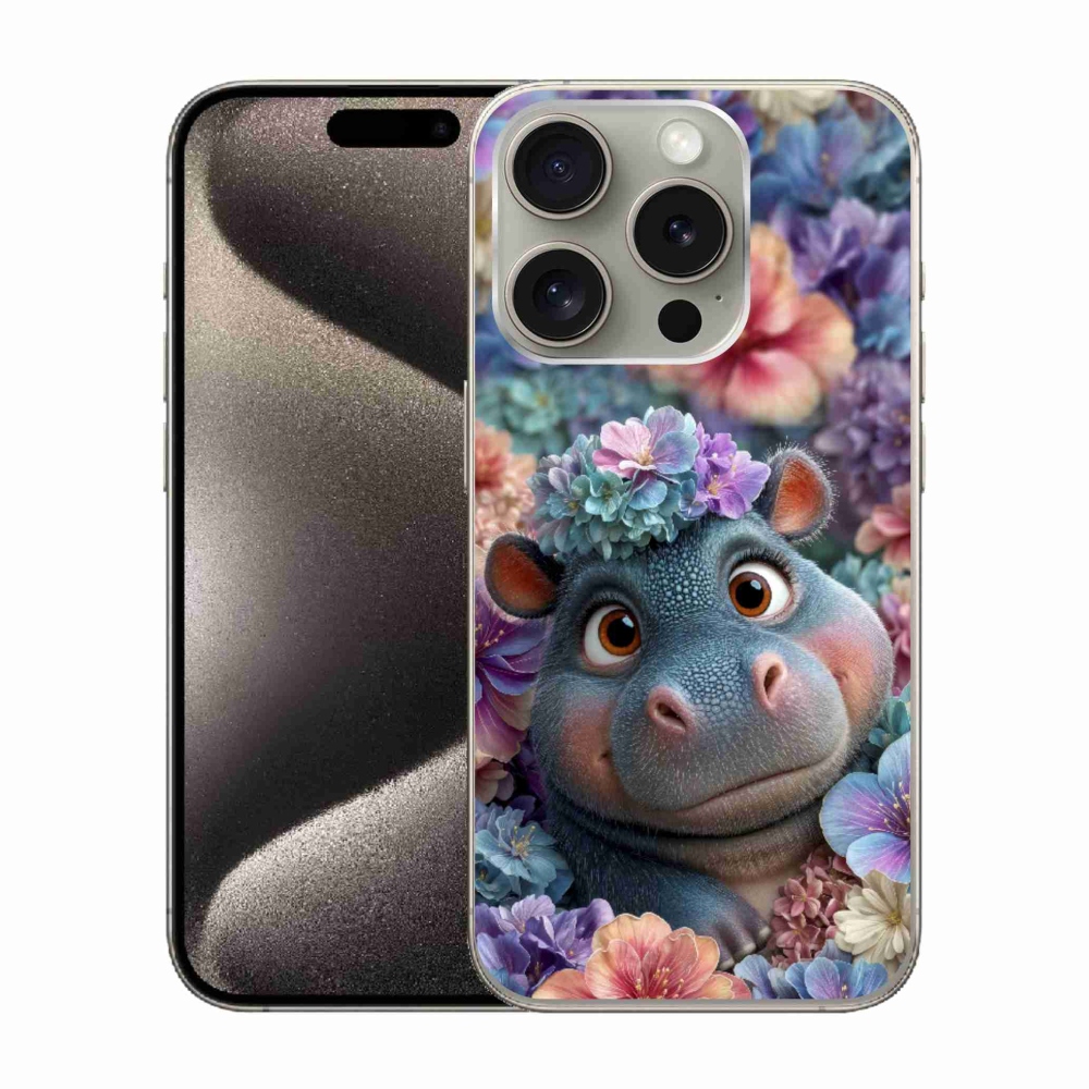 Gélový kryt mmCase na iPhone 15 Pro - hrošík v kvetoch