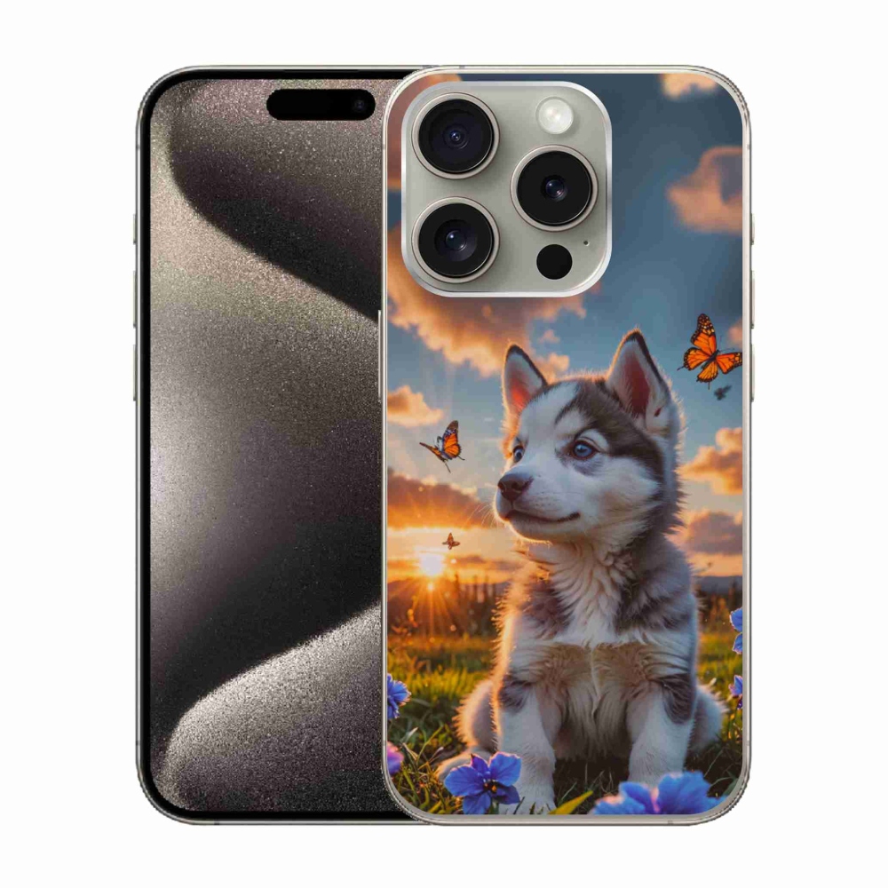 Gélový kryt mmCase na iPhone 15 Pro - husky pri západe slnka