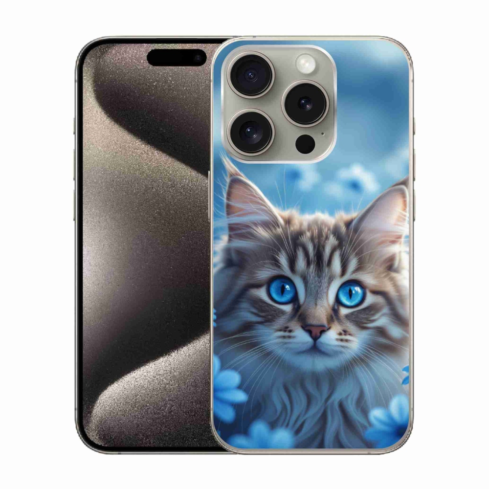 Gélový kryt mmCase na iPhone 15 Pro - mačiatko v modrých kvetoch