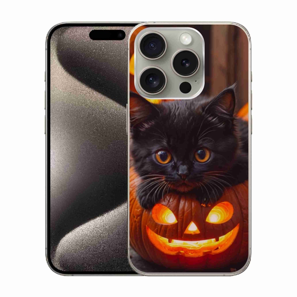 Gélový kryt mmCase na iPhone 15 Pro - mačiatko a tekvica