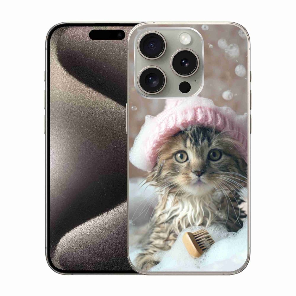 Gélový kryt mmCase na iPhone 15 Pro - mačiatko a kúpeľ