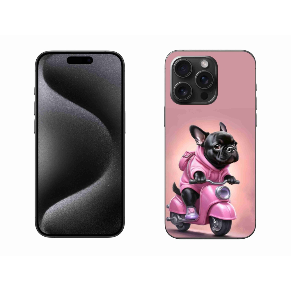 Gélový kryt mmCase na iPhone 15 Pro Max - francúzsky buldoček na skútri