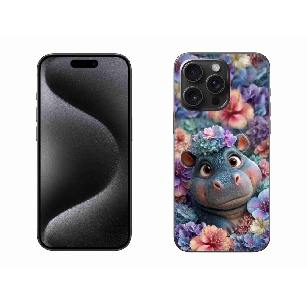 Gélový kryt mmCase na iPhone 15 Pro Max - hrošík v kvetoch