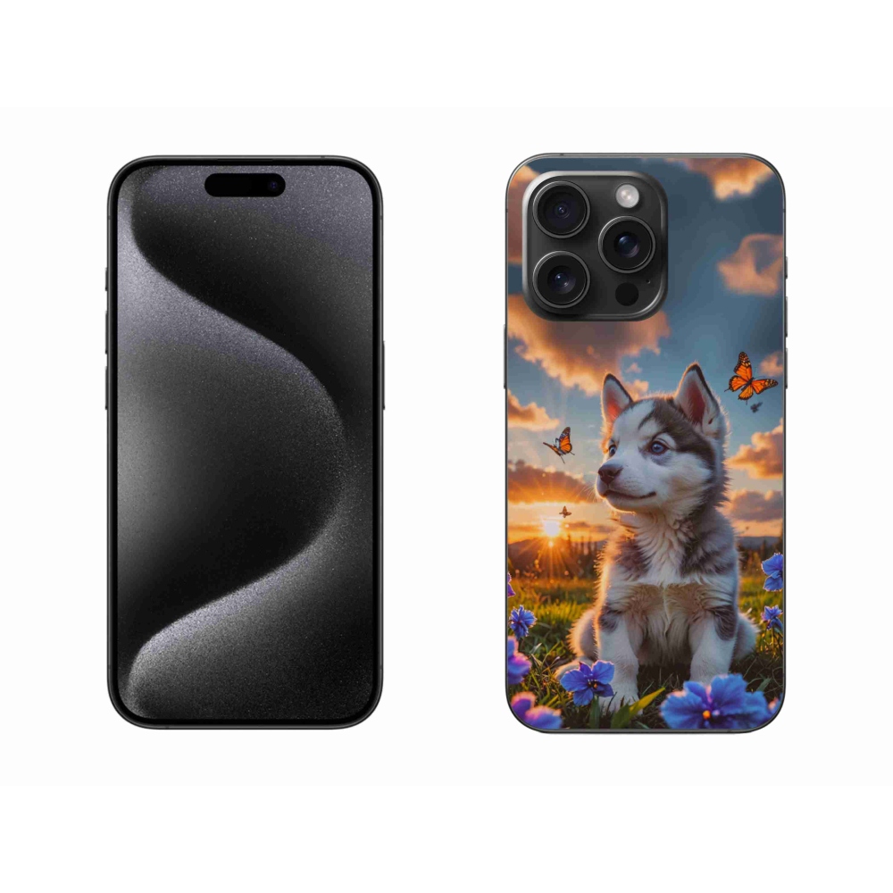 Gélový kryt mmCase na iPhone 15 Pro Max - husky pri západe slnka