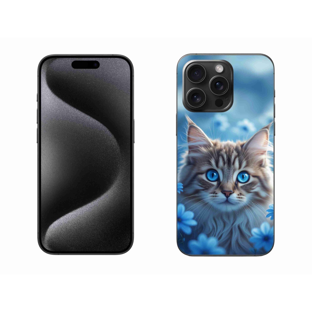 Gélový kryt mmCase na iPhone 15 Pro Max - mačiatko v modrých kvetoch