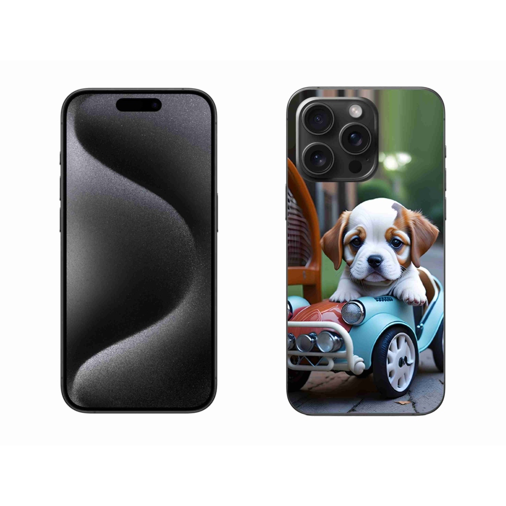 Gélový kryt mmCase na iPhone 15 Pro Max - šteňa v retro aute