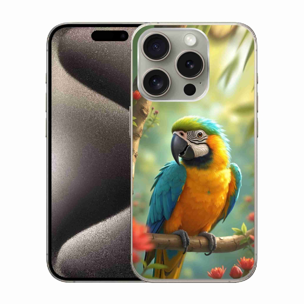 Gélový kryt mmCase na iPhone 15 Pro - papagáj ara modrožltá