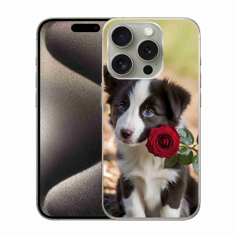 Gélový kryt mmCase na iPhone 15 Pro - roztomilá border kólia s ružou
