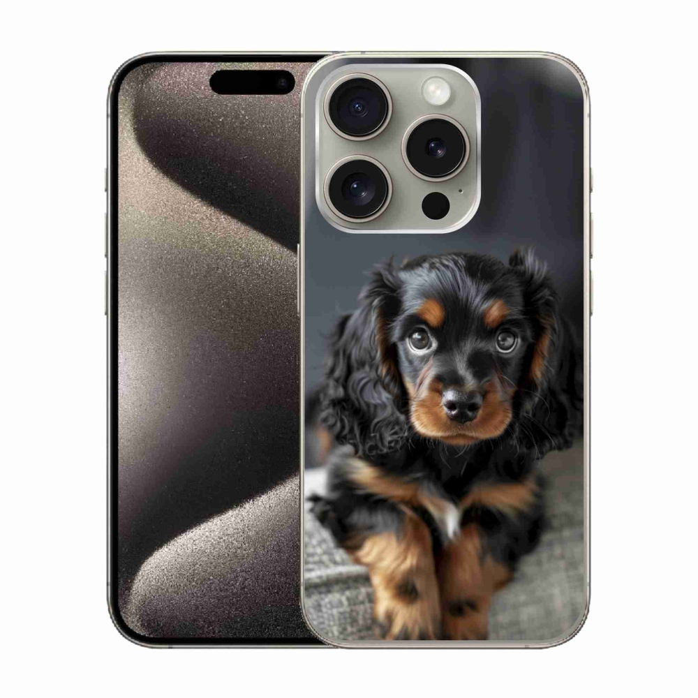 Gélový kryt mmCase na iPhone 15 Pro - roztomilý dlhosrstý jazvečík