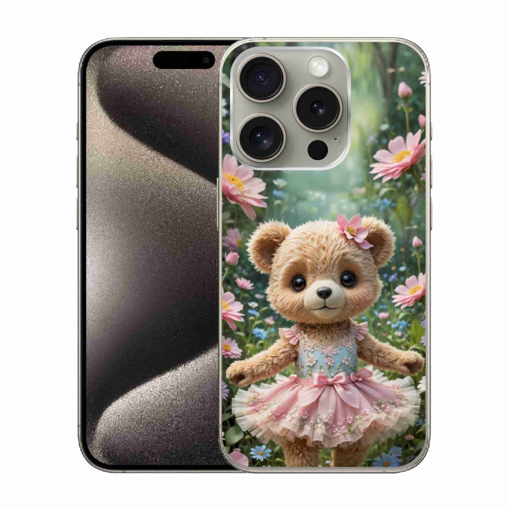 Gélový kryt mmCase na iPhone 15 Pro - roztomilý medvedík v kvetoch