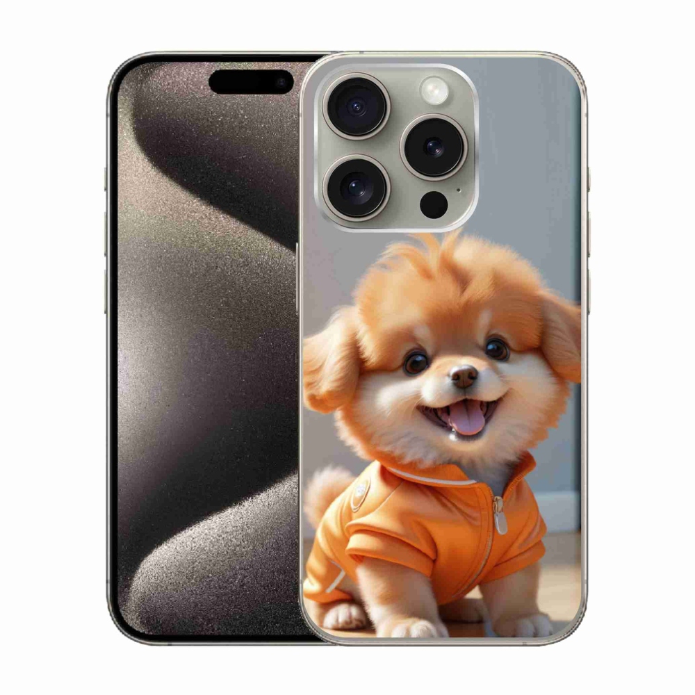 Gélový kryt mmCase na iPhone 15 Pro - roztomilý pomeranian v mikine