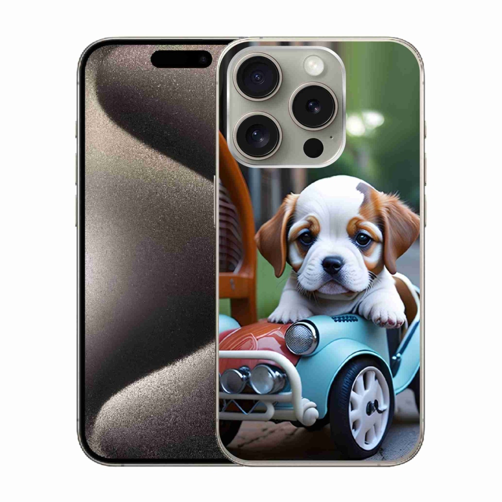 Gélový kryt mmCase na iPhone 15 Pro - šteňa v retro aute