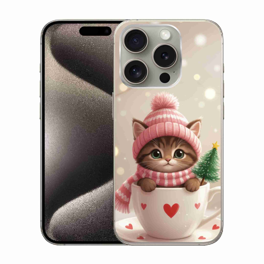 Gélový kryt mmCase na iPhone 15 Pro - vianočné mačiatko v hrnčeku