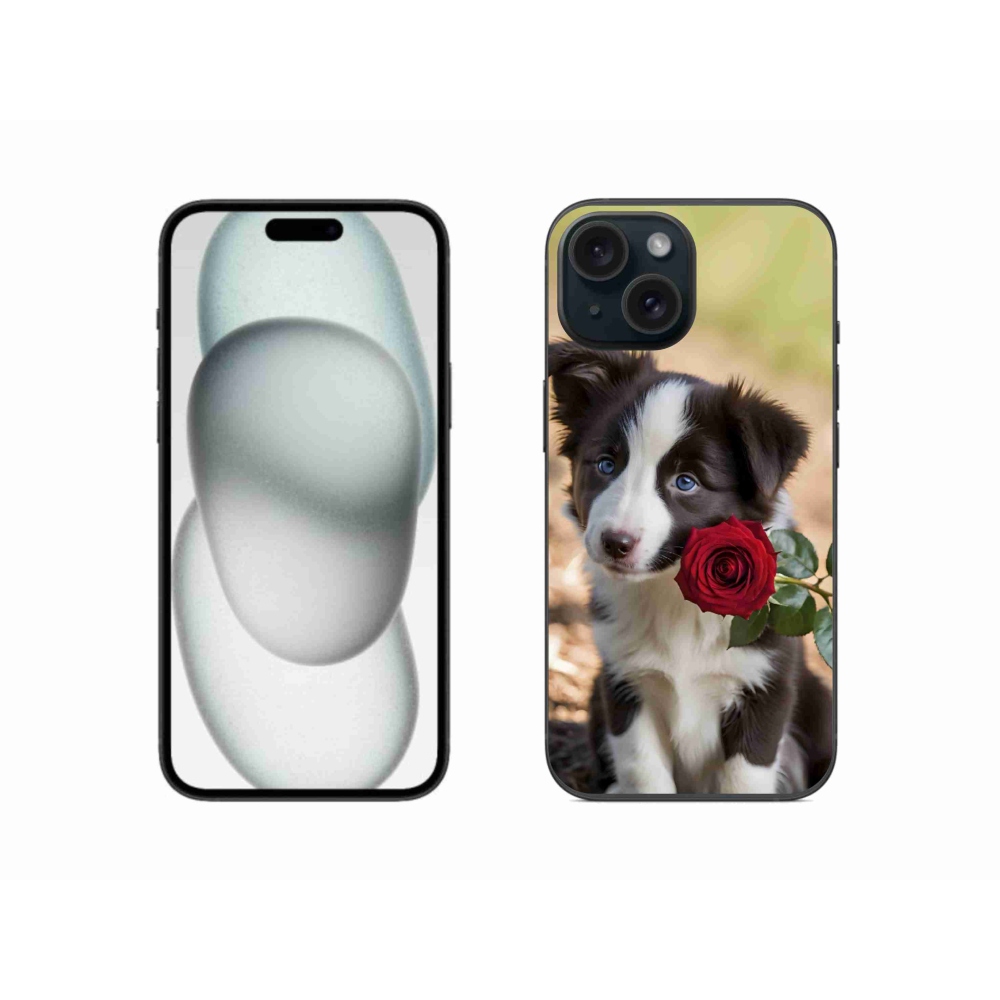 Gélový kryt mmCase na iPhone 15 - roztomilá border kólia s ružou
