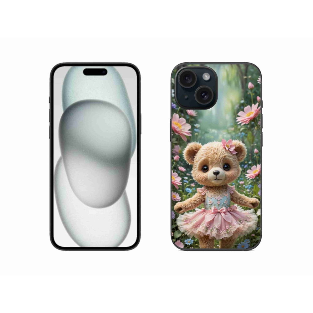 Gélový kryt mmCase na iPhone 15 - roztomilý medvedík v kvetoch