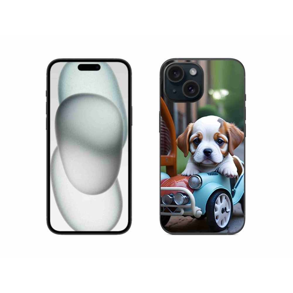 Gélový kryt mmCase na iPhone 15 - šteňa v retro aute