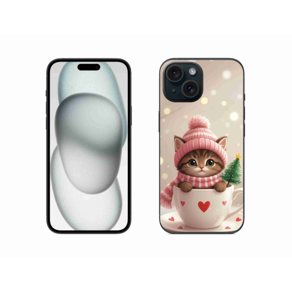 Gélový kryt mmCase na iPhone 15 - vianočné mačiatko v hrnčeku