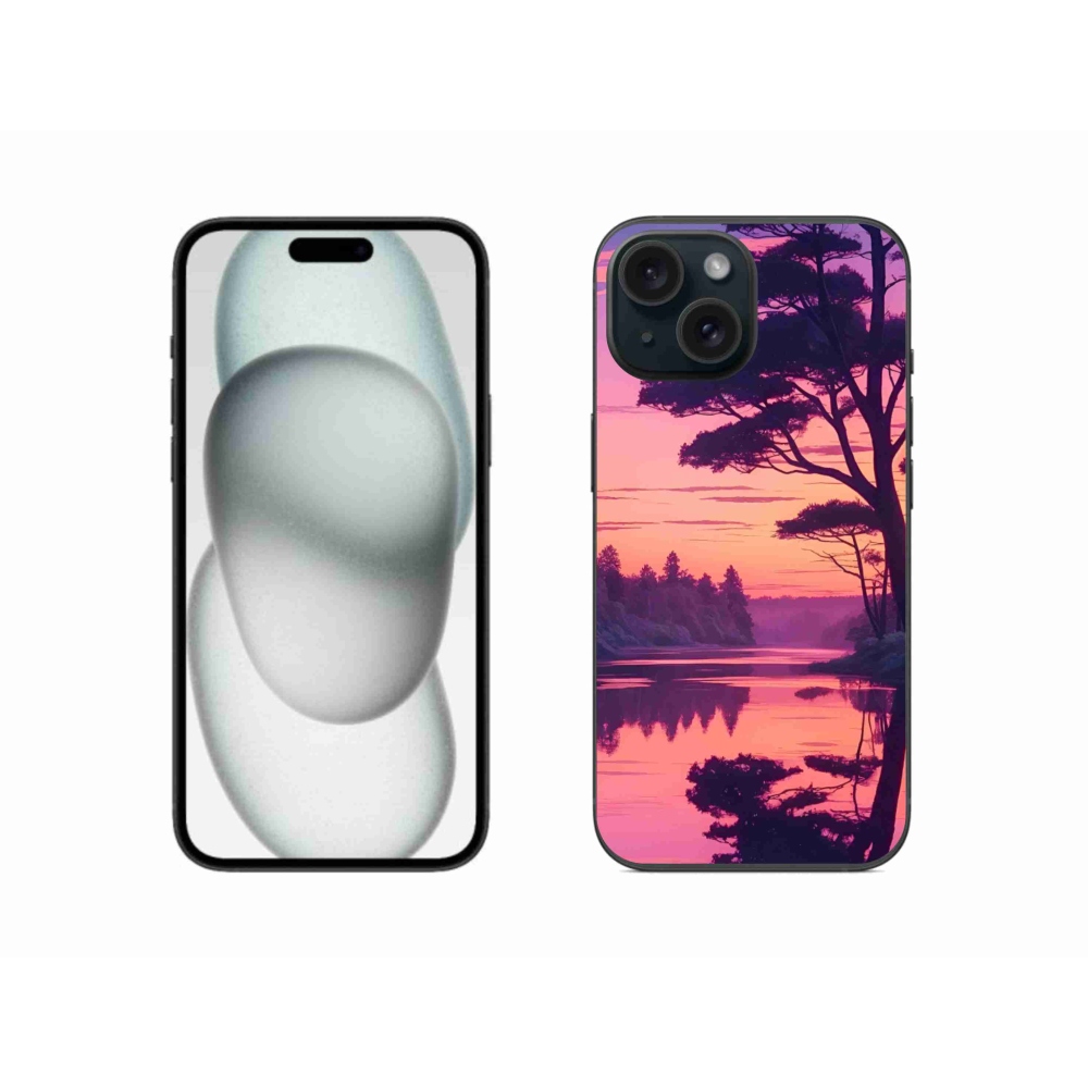 Gélový kryt mmCase na iPhone 15 - západ slnka nad jazerom