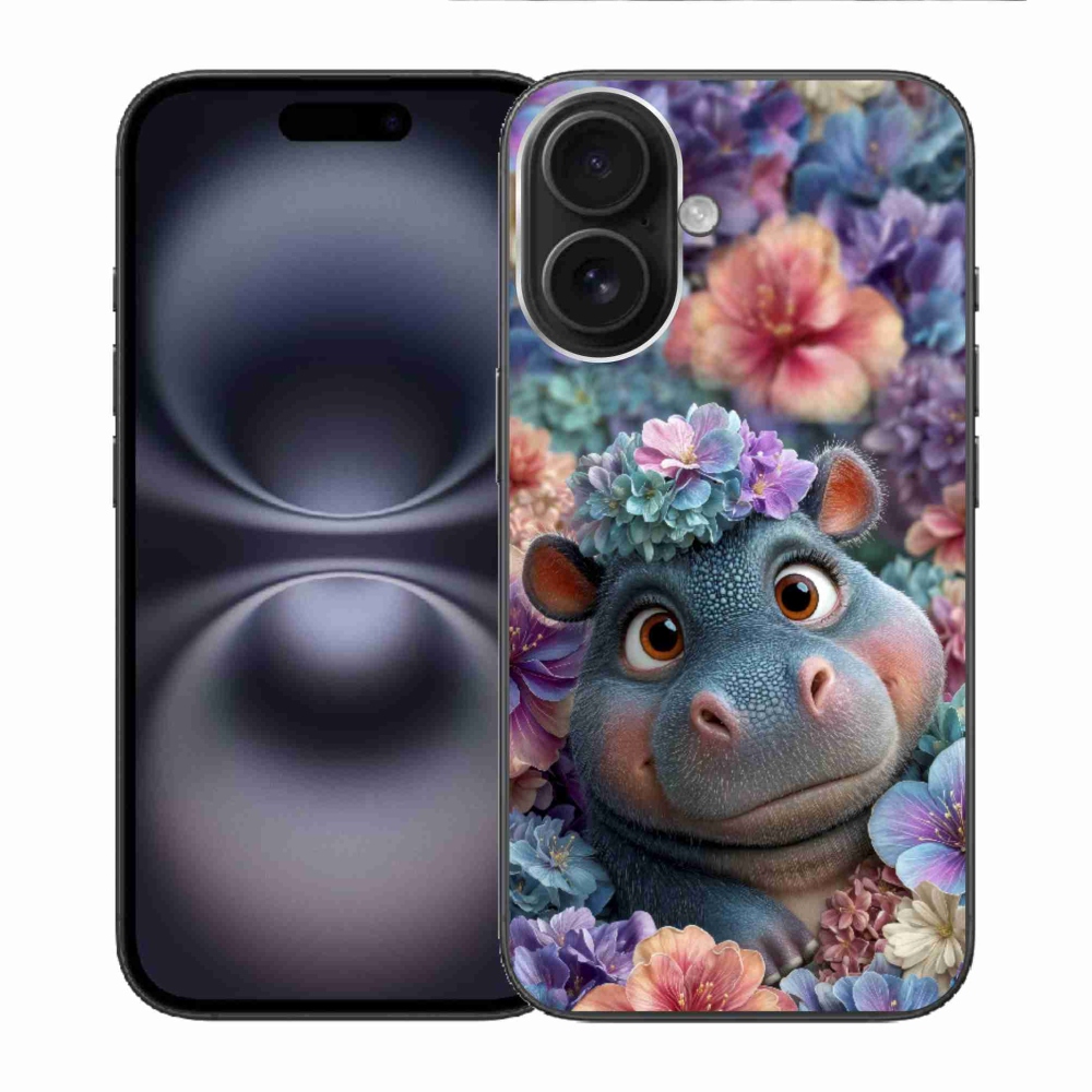 Gélový kryt mmCase na iPhone 16 - hrošík v kvetoch