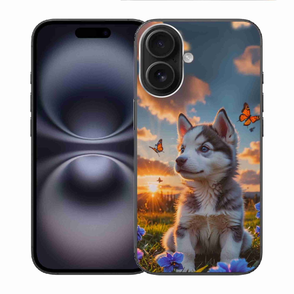 Gélový kryt mmCase na iPhone 16 - husky pri západe slnka