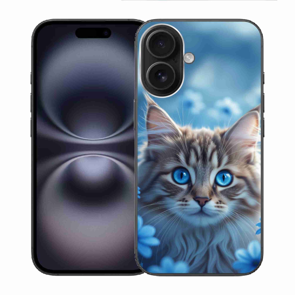 Gélový kryt mmCase na iPhone 16 - mačiatko v modrých kvetoch