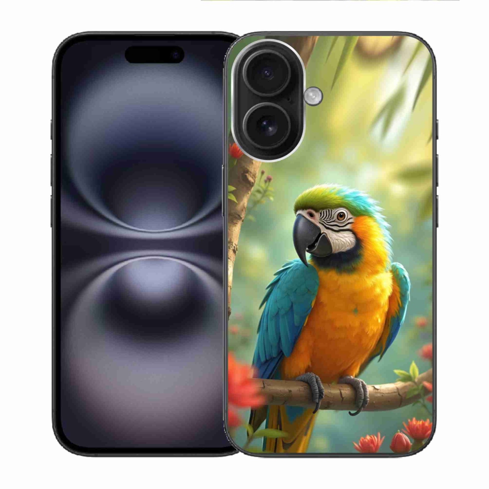 Gélový kryt mmCase na iPhone 16 - papagáj ara modrožltá