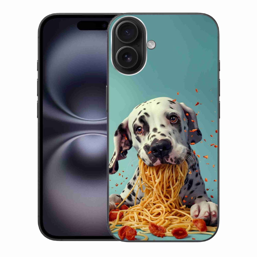 Gélový kryt mmCase na iPhone 16 Plus - dalmatín a špagety