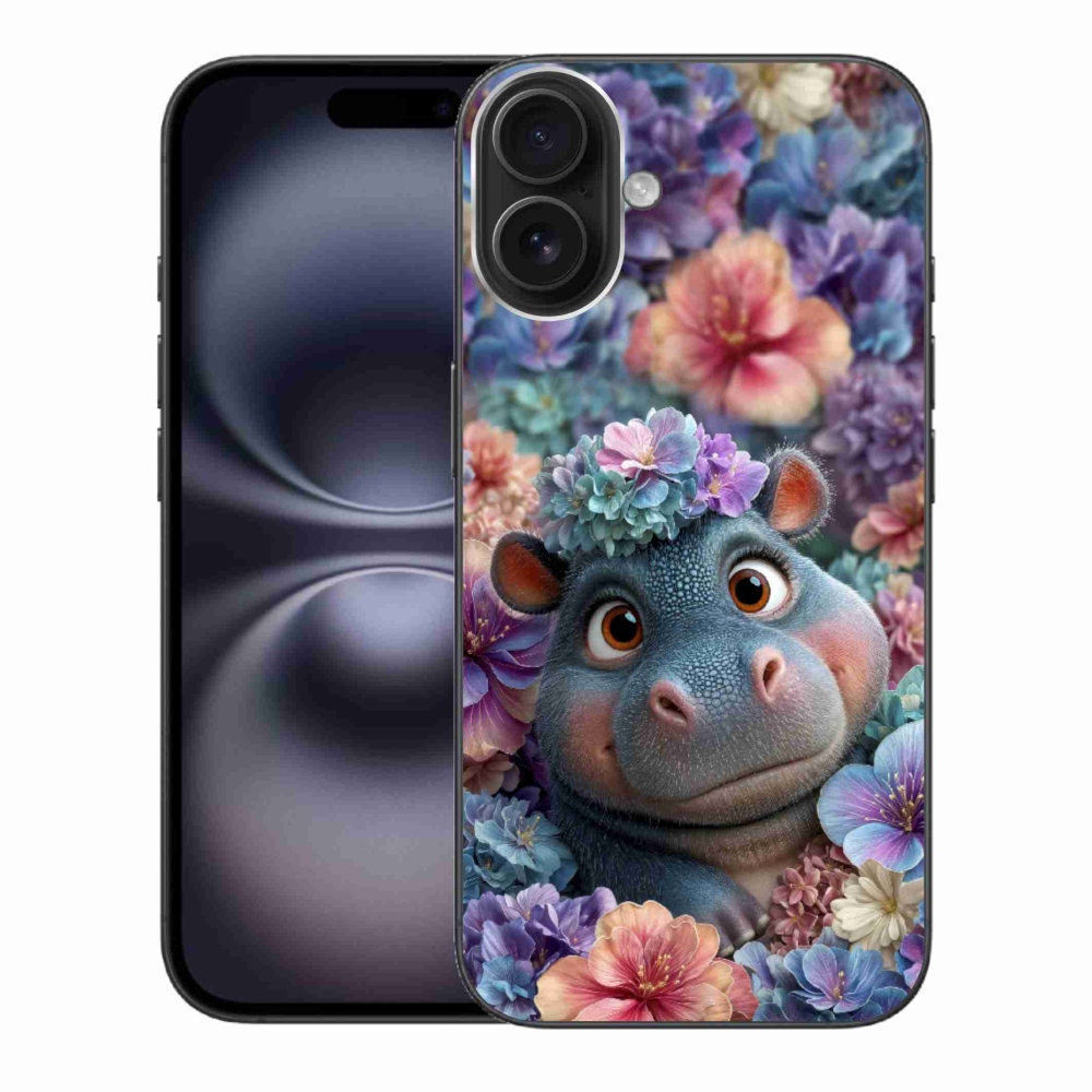 Gélový kryt mmCase na iPhone 16 Plus - hrošík v kvetoch