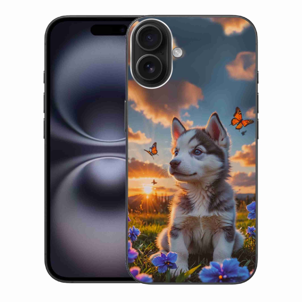 Gélový kryt mmCase na iPhone 16 Plus - husky pri západe slnka