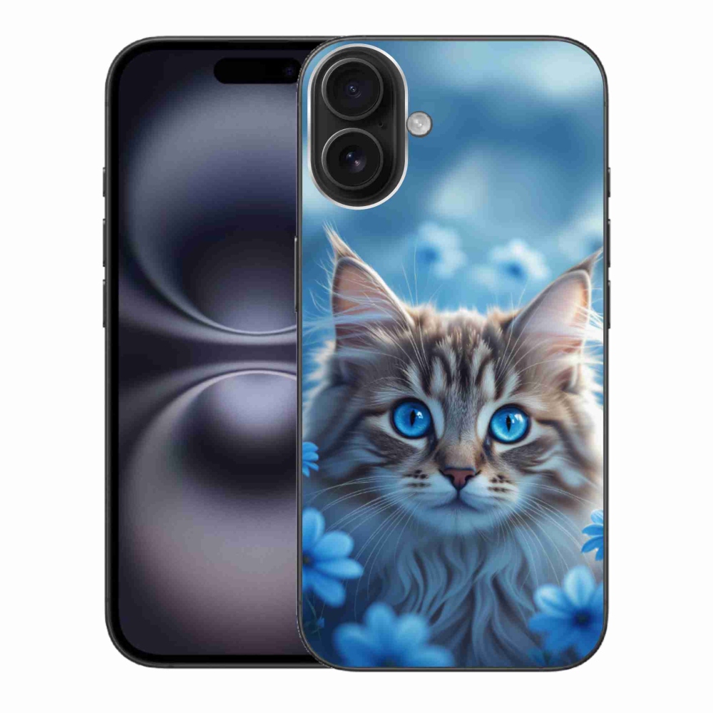 Gélový kryt mmCase na iPhone 16 Plus - mačiatko v modrých kvetoch