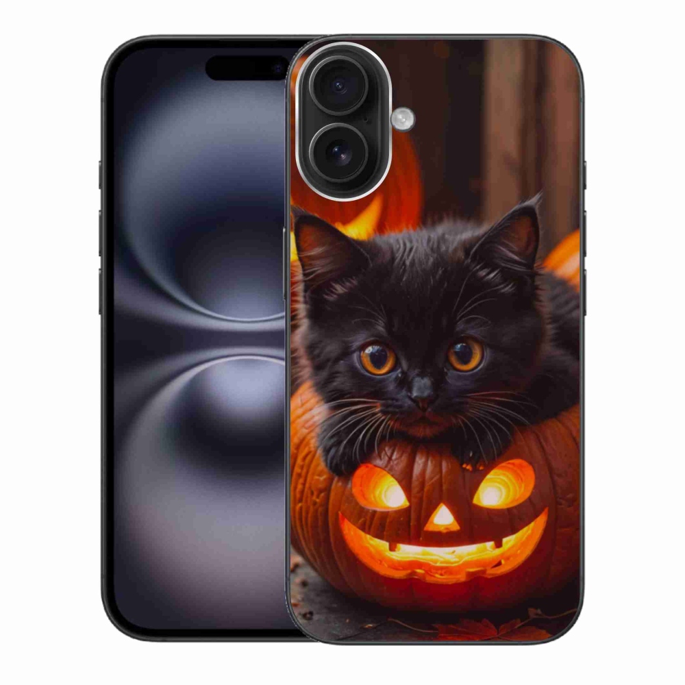 Gélový kryt mmCase na iPhone 16 Plus - mačiatko a tekvica