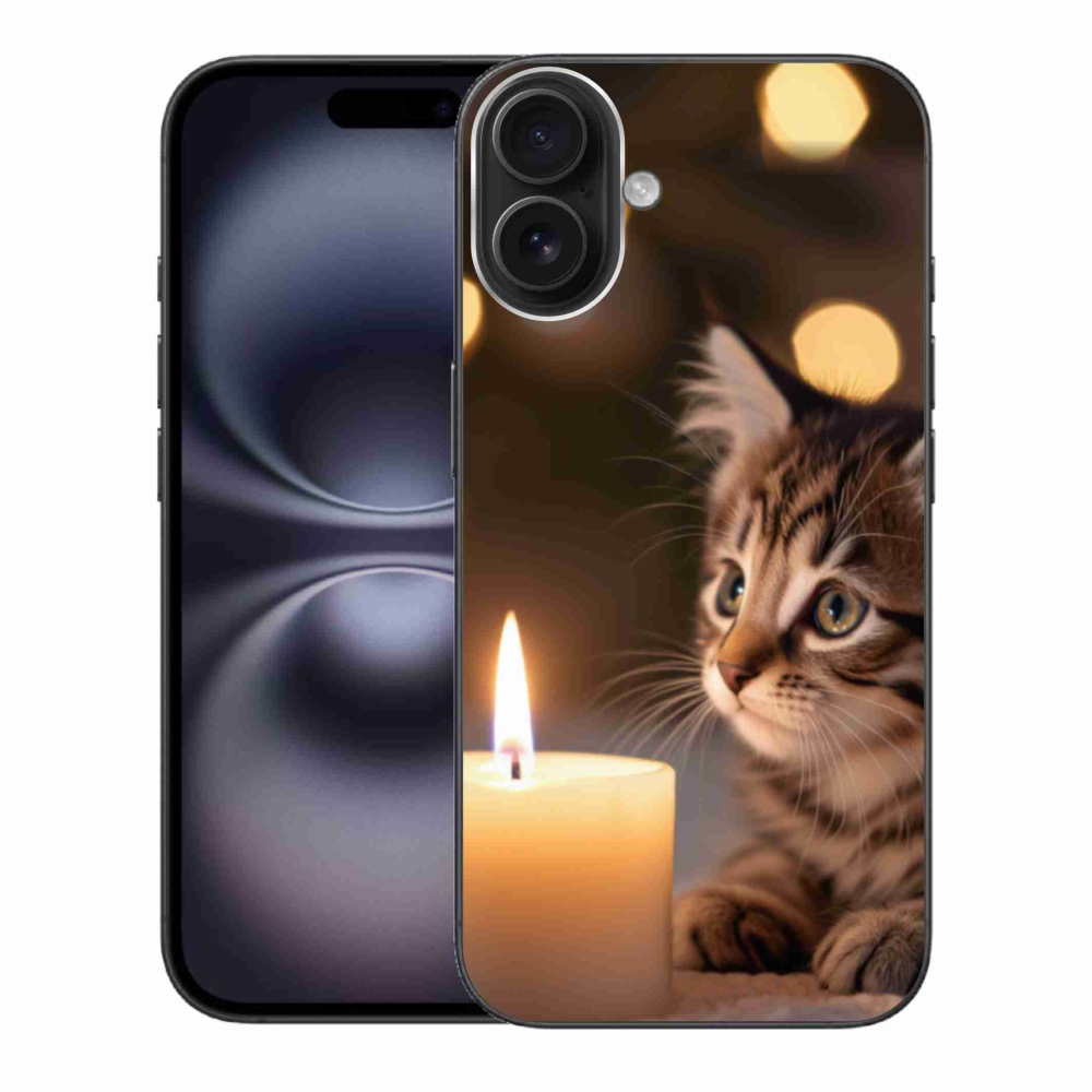 Gélový kryt mmCase na iPhone 16 Plus - mačiatko a sviečka