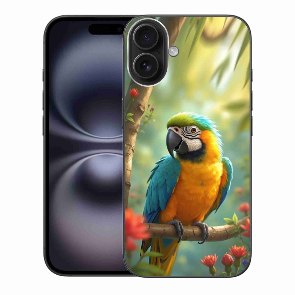 Gélový kryt mmCase na iPhone 16 Plus - papagáj ara modrožltá