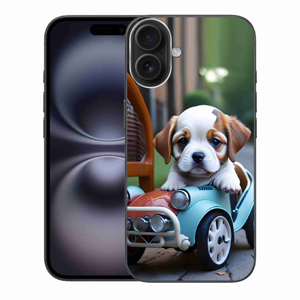 Gélový kryt mmCase na iPhone 16 Plus - šteňa v retro aute