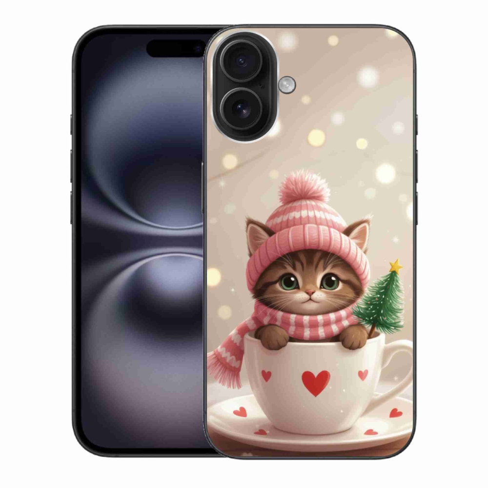 Gélový kryt mmCase na iPhone 16 Plus - vianočné mačiatko v hrnčeku