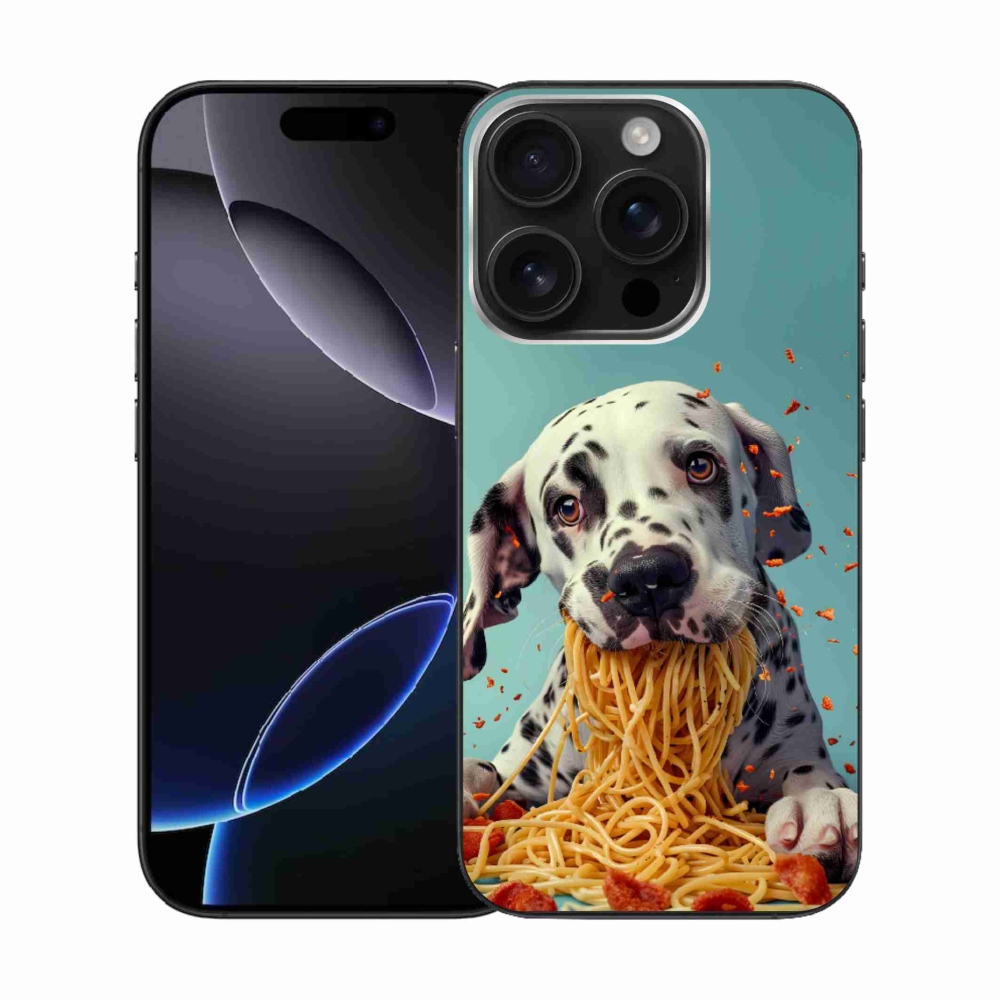 Gélový kryt mmCase na iPhone 16 Pro - dalmatín a špagety