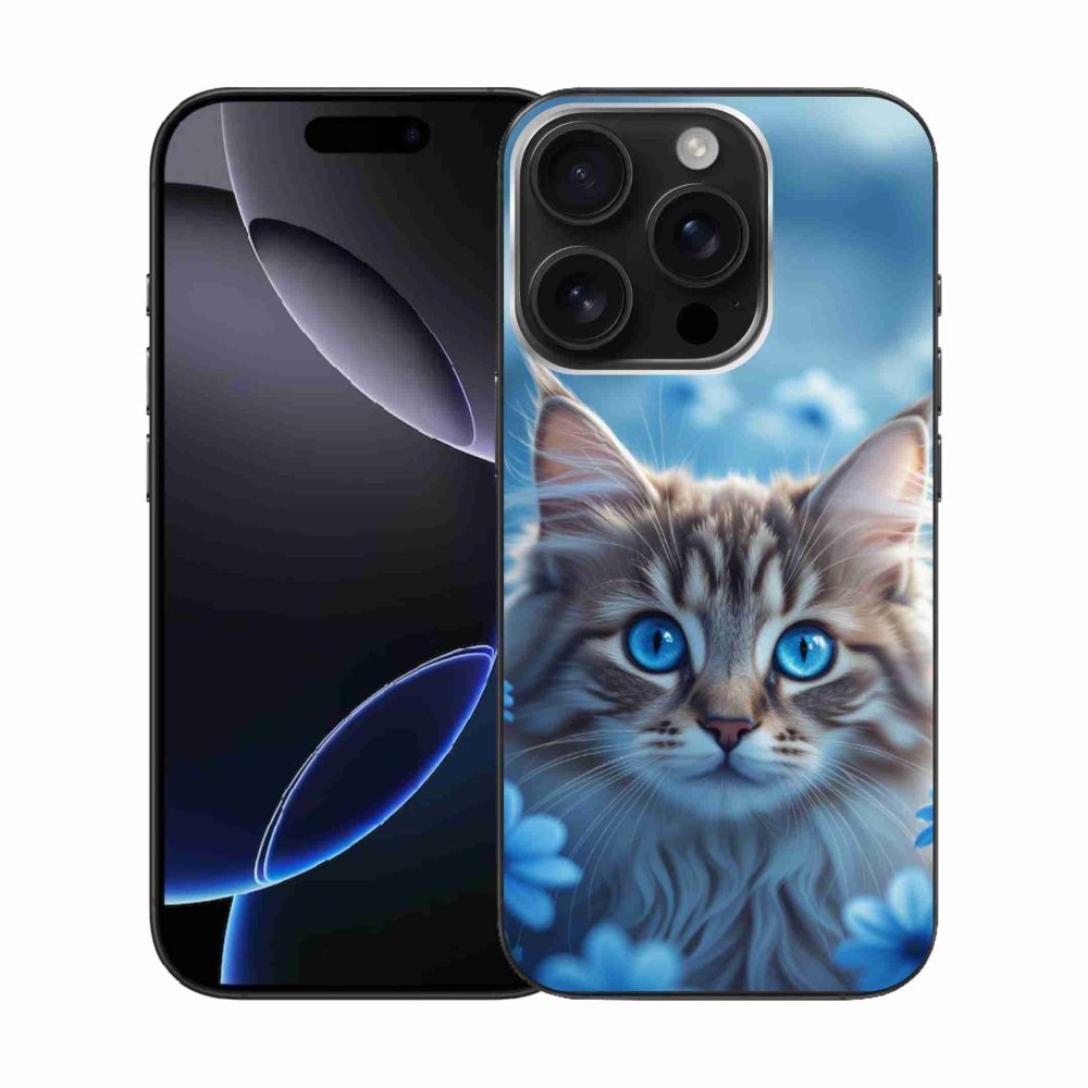 Gélový kryt mmCase na iPhone 16 Pro - mačiatko v modrých kvetoch