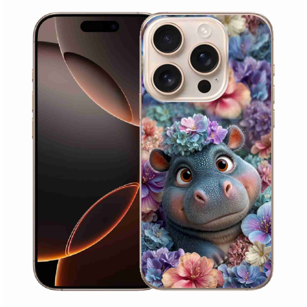 Gélový kryt mmCase na iPhone 16 Pro Max - hrošík v kvetoch
