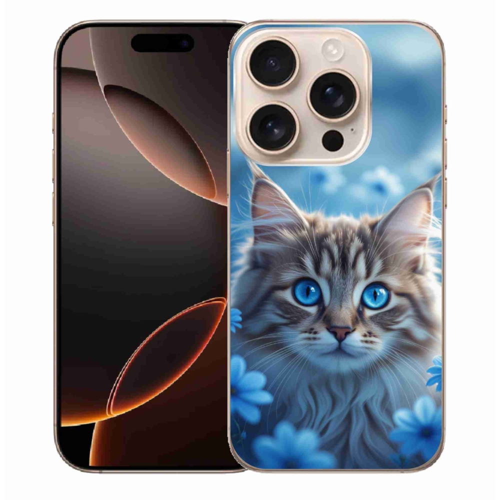 Gélový kryt mmCase na iPhone 16 Pro Max - mačiatko v modrých kvetoch