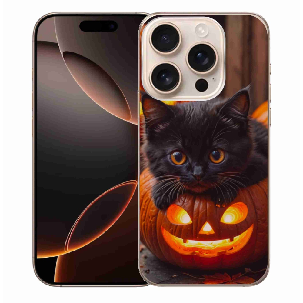 Gélový kryt mmCase na iPhone 16 Pro Max - mačiatko a tekvica