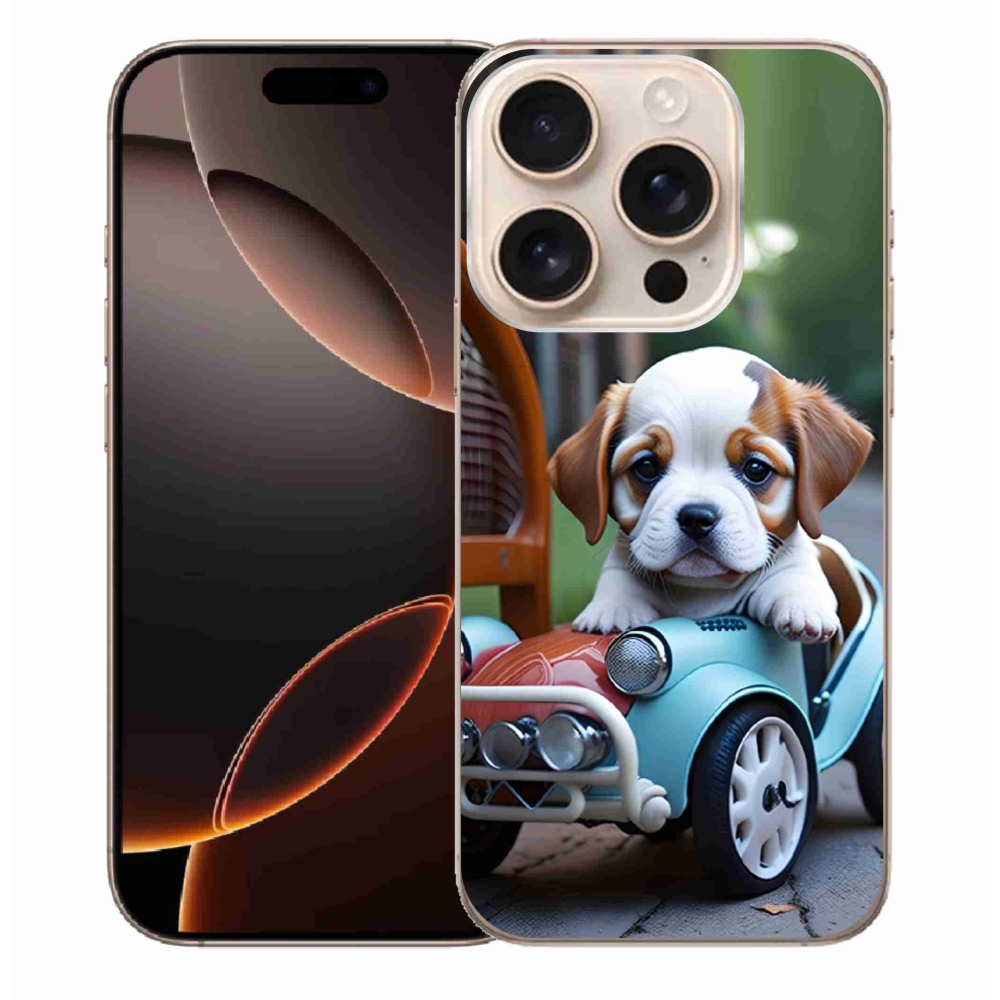 Gélový kryt mmCase na iPhone 16 Pro Max - šteňa v retro aute