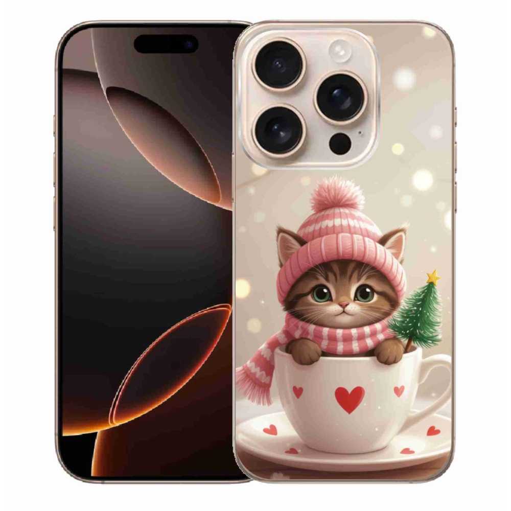 Gélový kryt mmCase na iPhone 16 Pro Max - vianočné mačiatko v hrnčeku