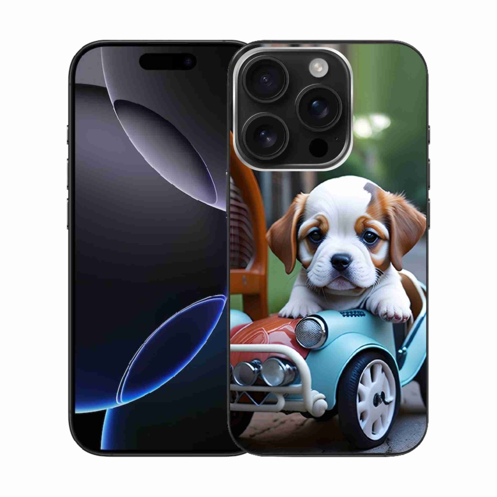 Gélový kryt mmCase na iPhone 16 Pro - šteňa v retro aute